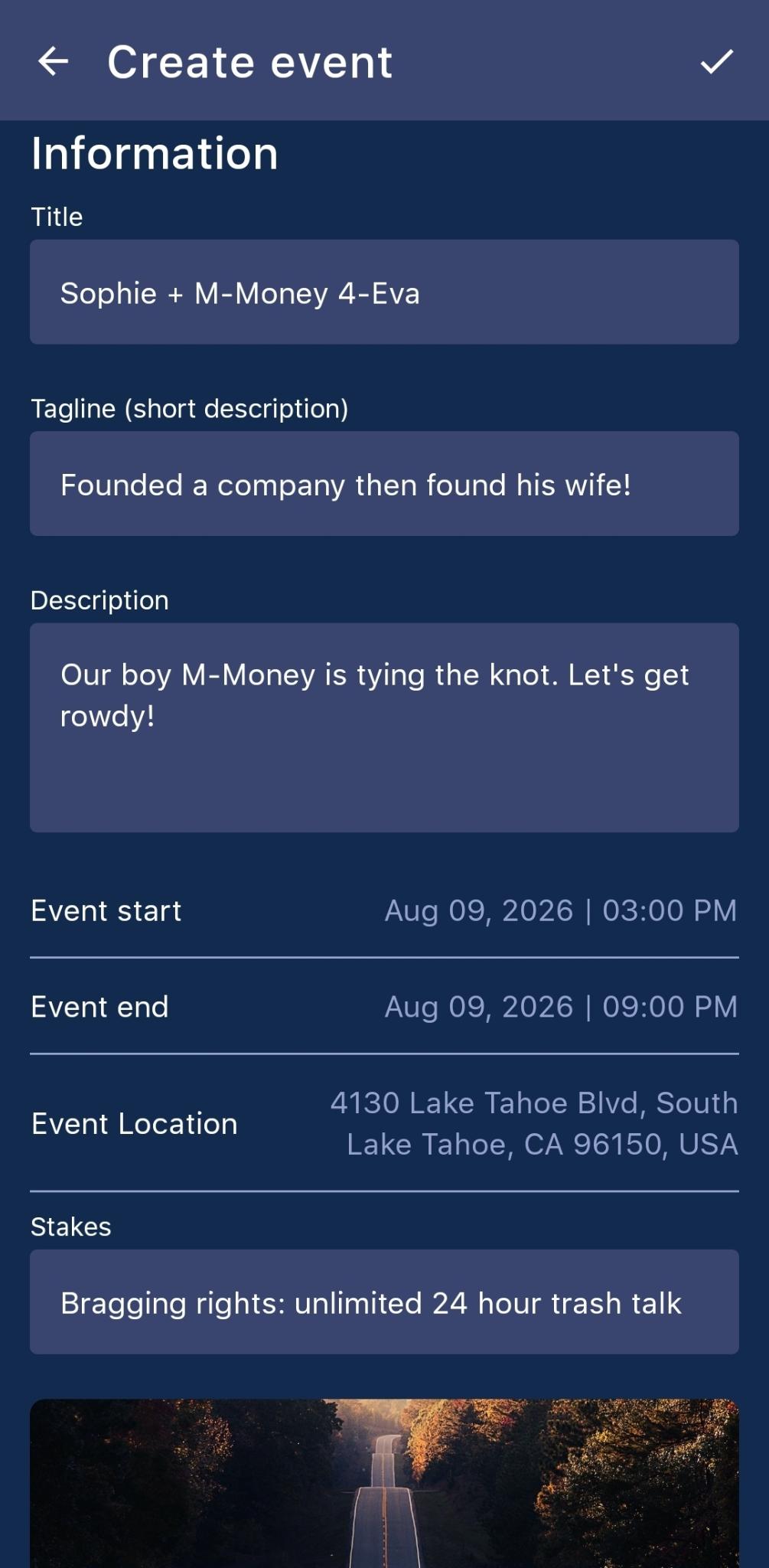 Create event screen with title, dates, location, and stakes