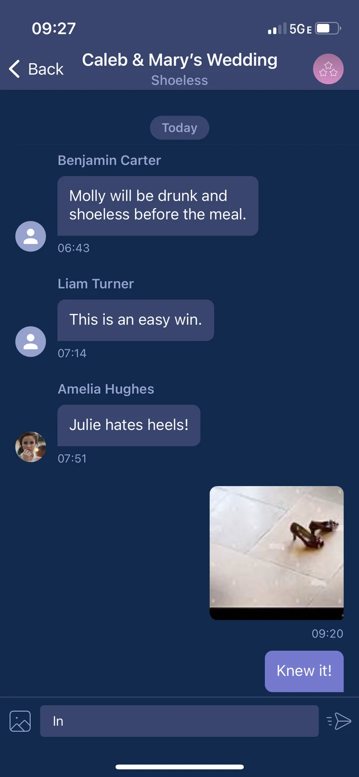 Friends exchanging messages and a photo in an event's prediction chat