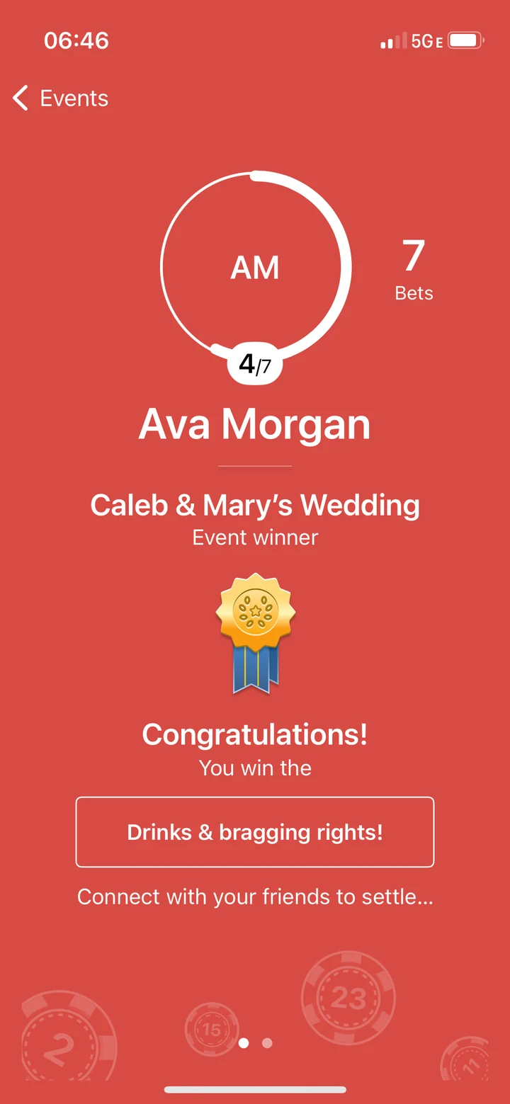Ava Morgan named event winner at Caleb and Mary's Wedding, with a medal and congratulations