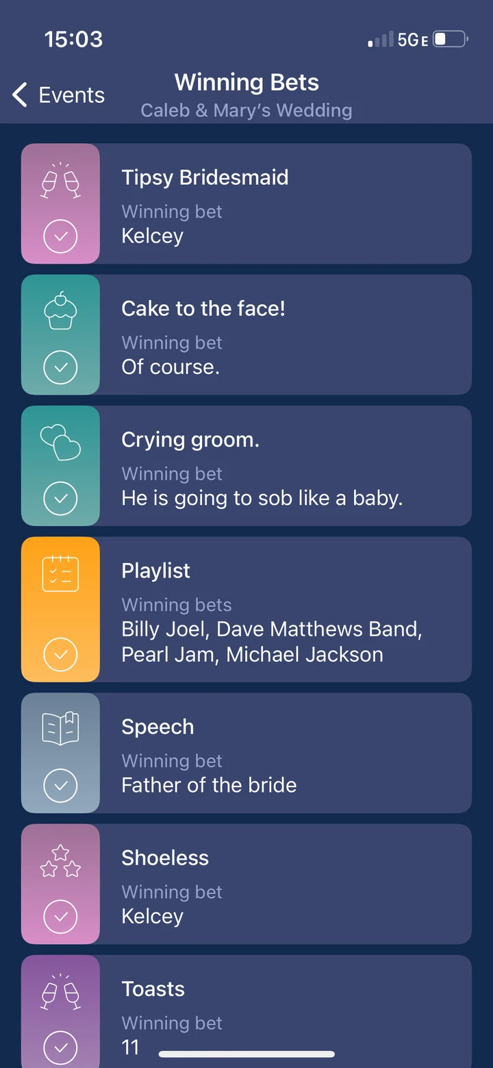 Winning predictions for a wedding, including the playlist, speeches, and number of toasts
